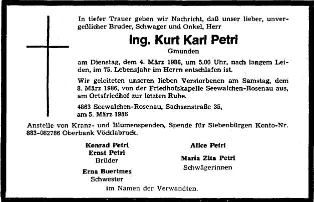 Petri Kurt Karl 1912-1986 Todesanzeige